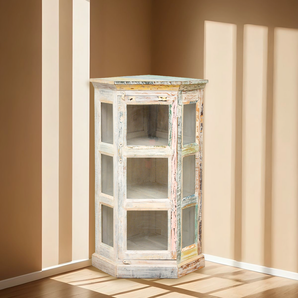 Farmhouse Corner Storage Cabinet – Distressed Wood Display Shelf for Small Spaces
