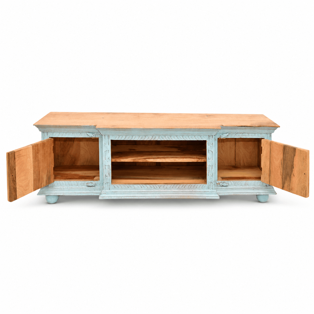 The Bohemia Hand Carved Mango Wood TV Unit | Rustic Blue UAE | Dubai