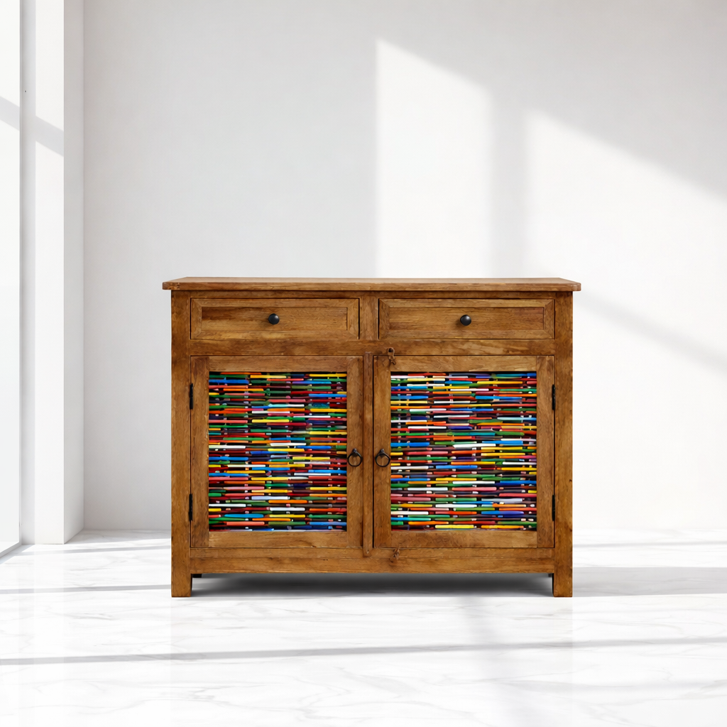Pencil work wooden cabinet design UAE, Natural finish solid wood sideboard Oman, Two door wooden storage cabinet Qatar, 