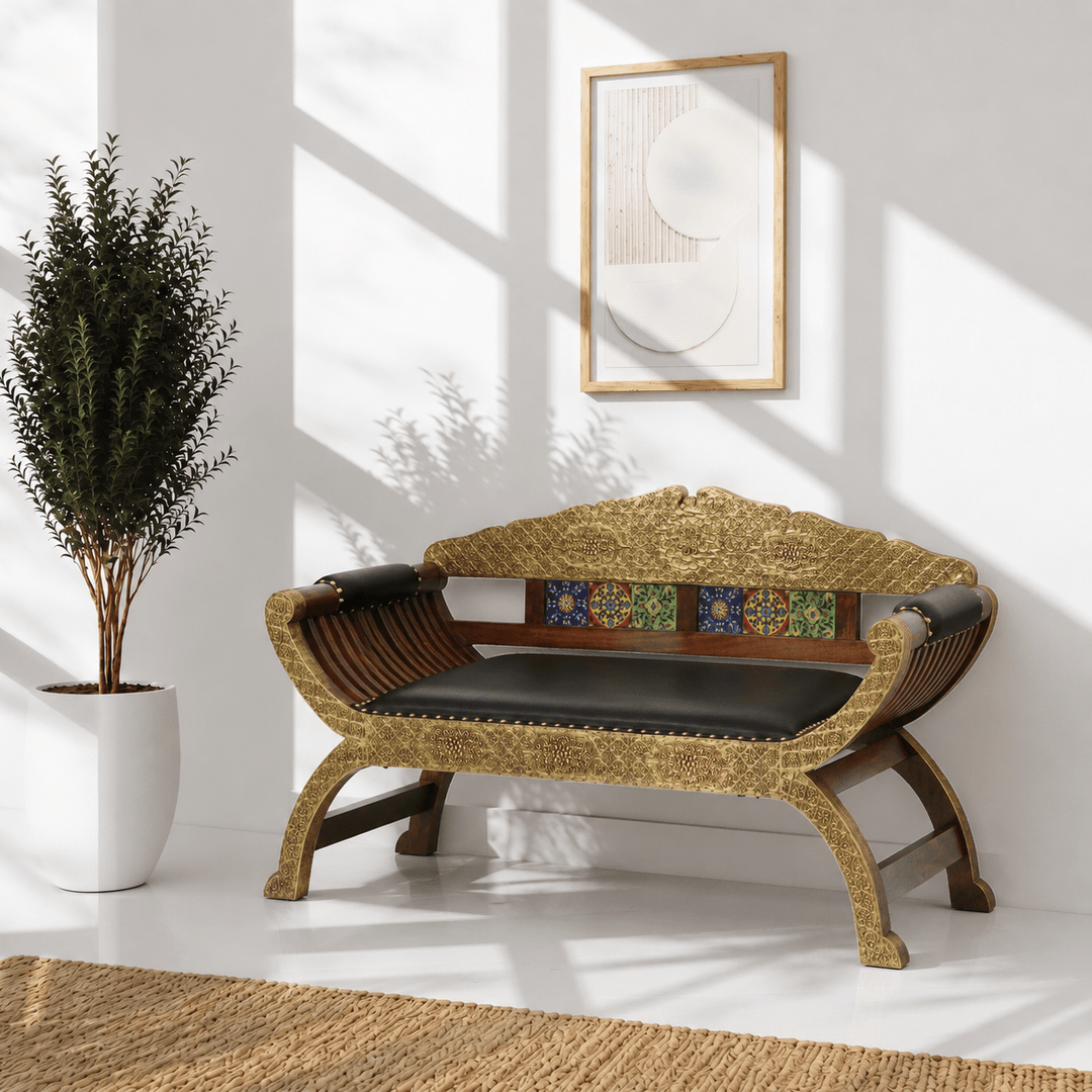 Solid Sheesham Wood Thai Style Bench with Tiles & Brass Work