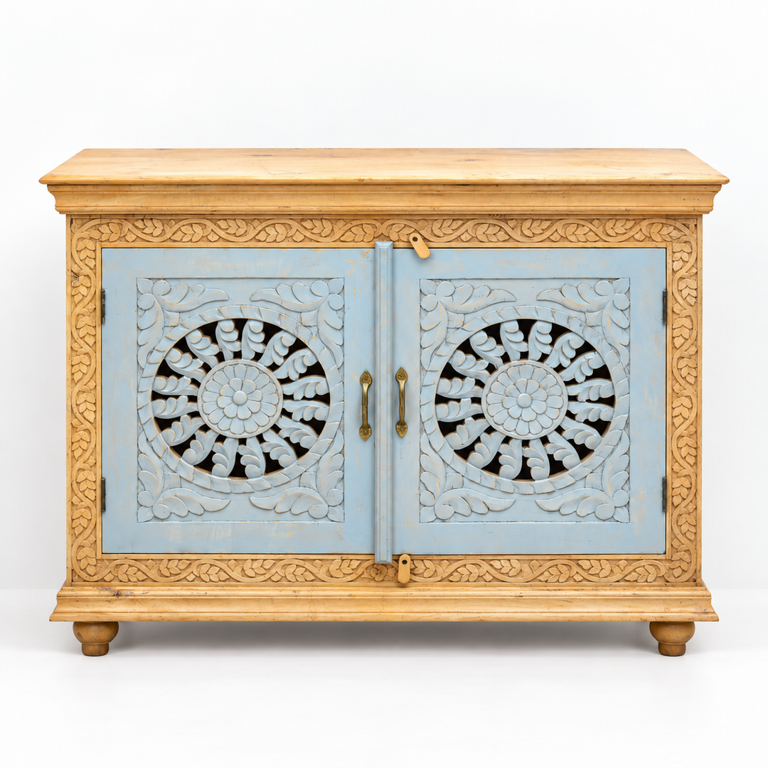 Unique Hand-Carved Mango Wood Sideboard for Villas and Homes