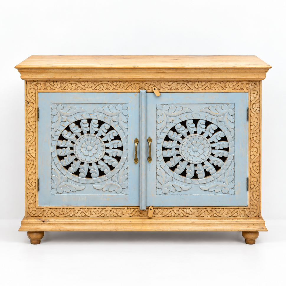 Unique Hand-Carved Mango Wood Sideboard for Villas and Homes