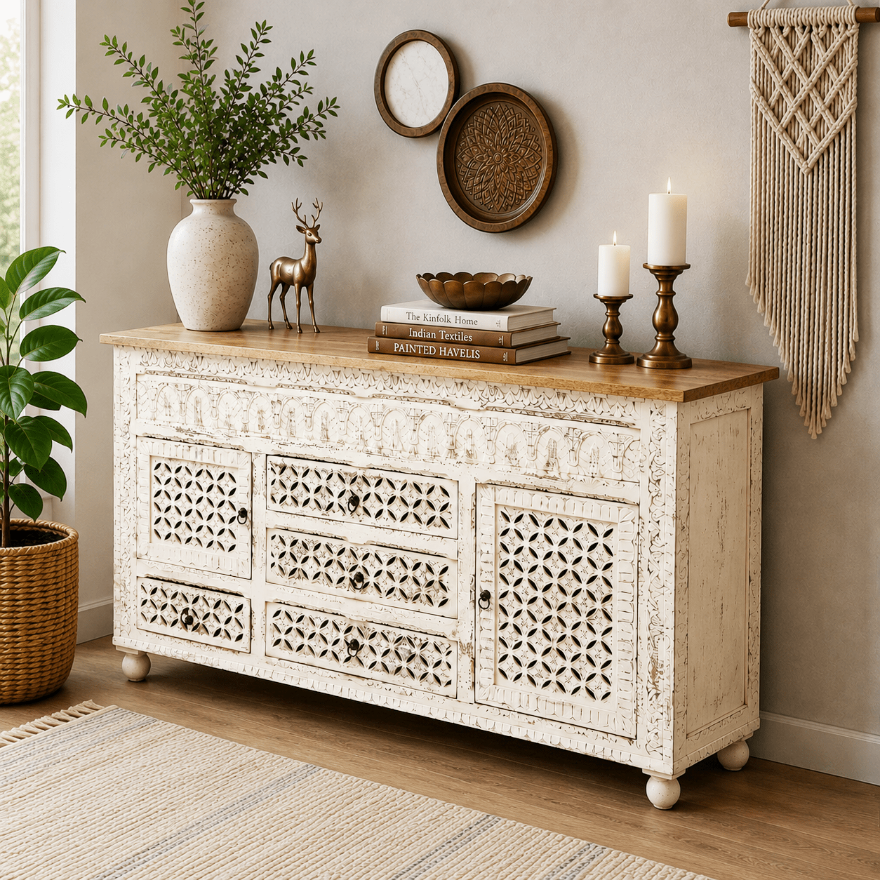 Nova Vintage hand Carved Credenza side cabinet