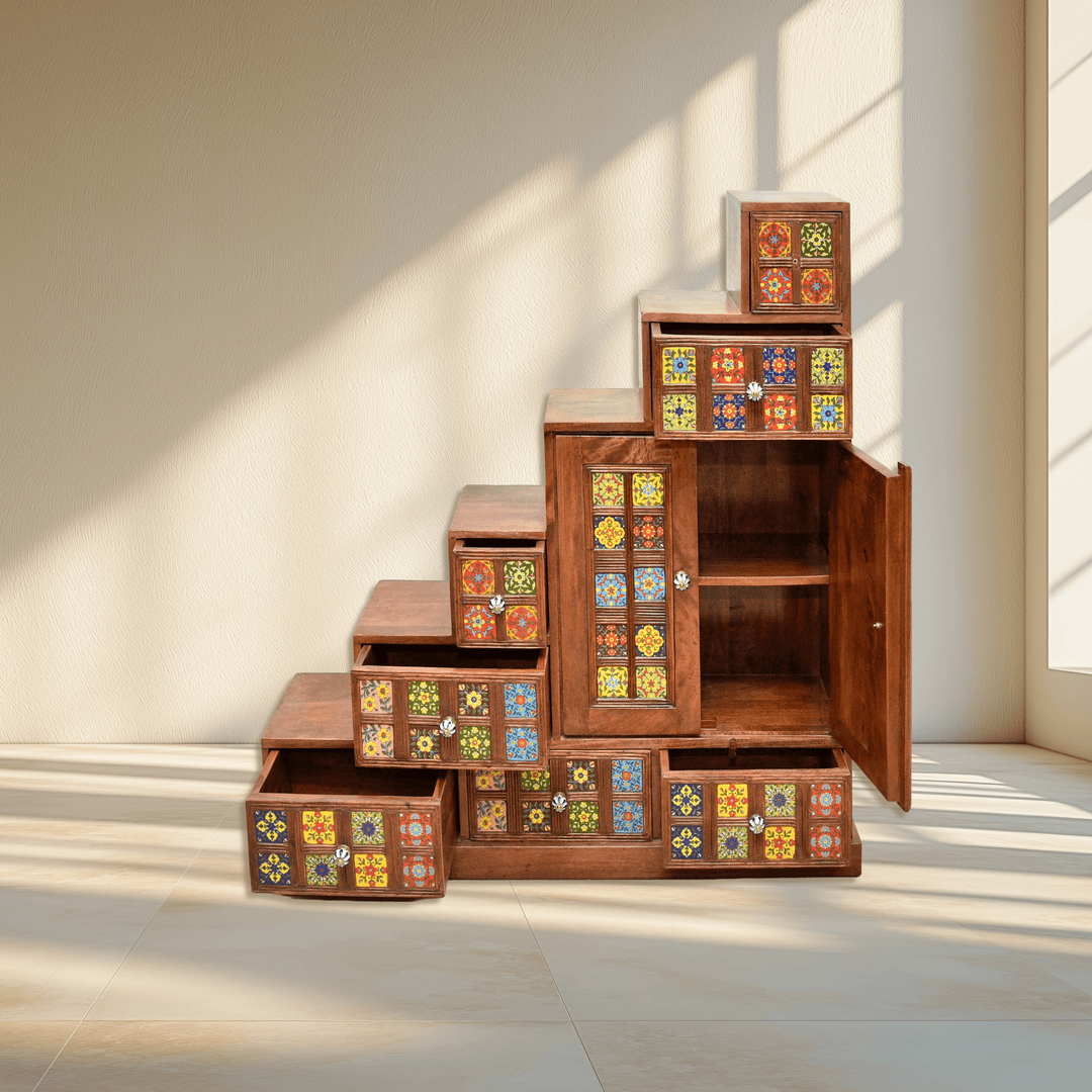 Boho-multi-drawer-apothecary-cabinet-chest-with-multi-color solid sheesham wood