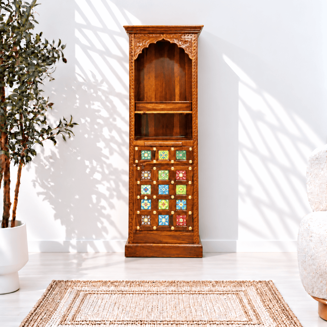 Compact-Width Sheesham Wood Pooja Mandir with Brass-Fitted Door