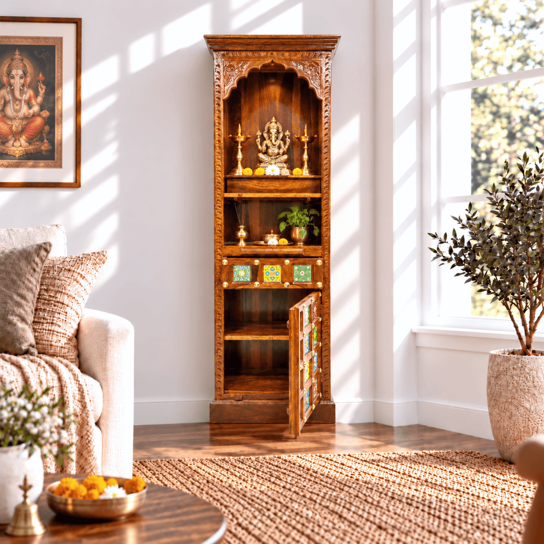 Compact-Width Sheesham Wood Pooja Mandir with Brass-Fitted Door