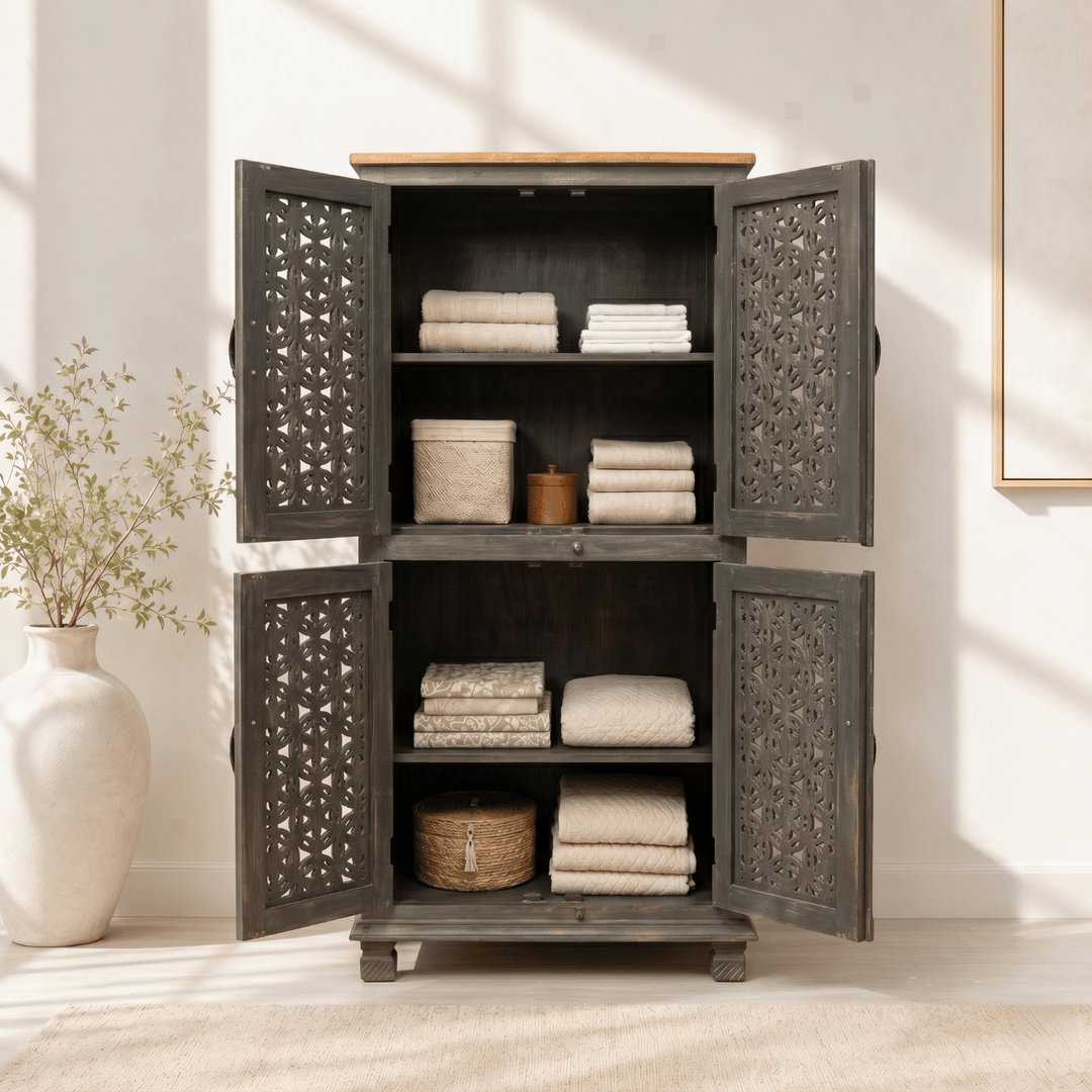 Premium Hand Cut Work hardwood storage Cabinet with antique finish