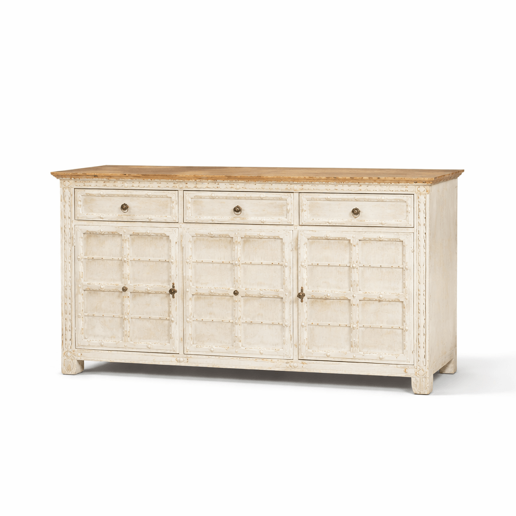 Indian solid wood sideboard with 4 doors with white rustic finish