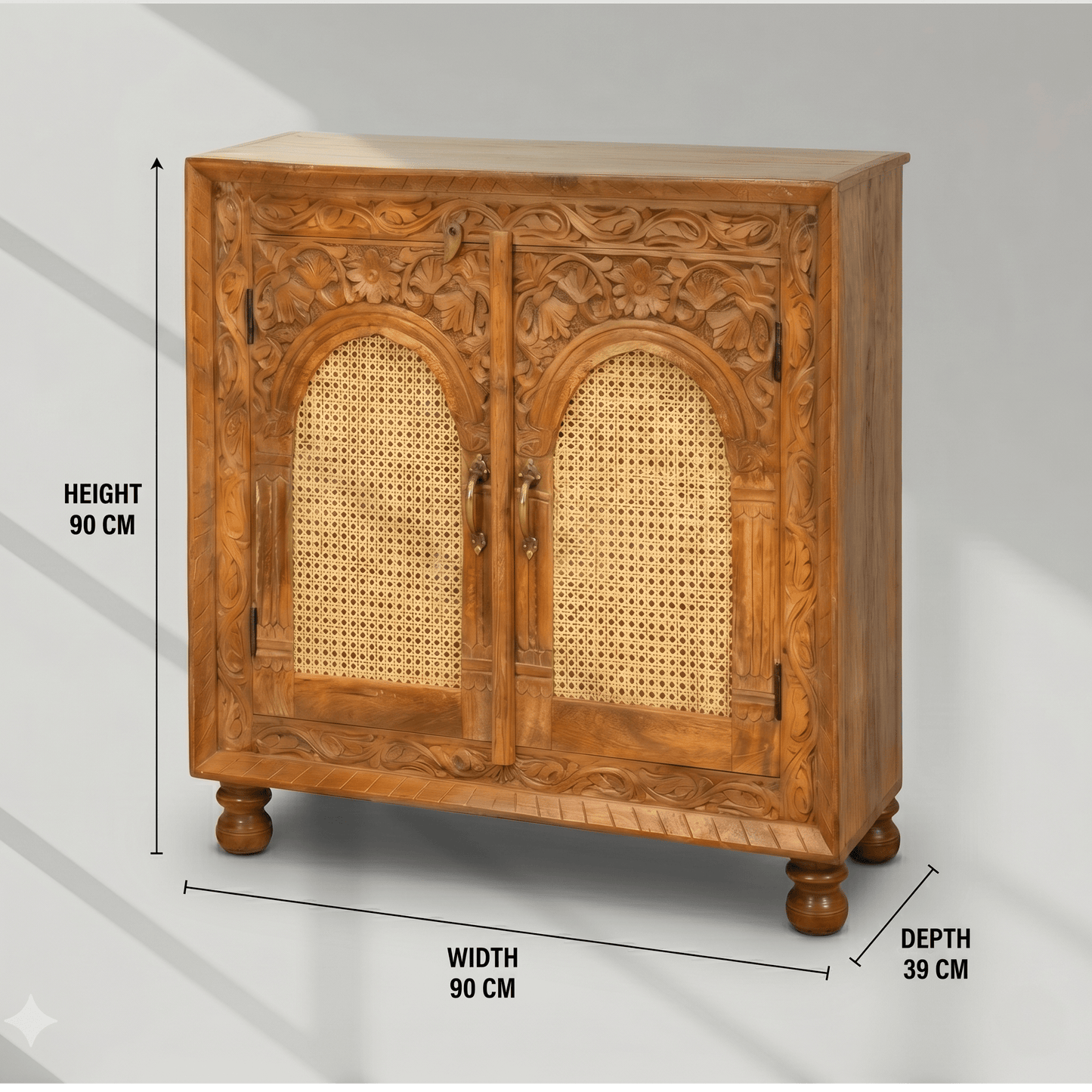 Premium Boho Rattan Sideboard for Home Decor, Indian Heritage Mango Wood Accent Cabinet, Luxury Moroccan Style Cane Sideboard, Premium Hardwood Storage Cabinet with Cane Mesh, Elegant Living Room Sideboard in Solid Wood,