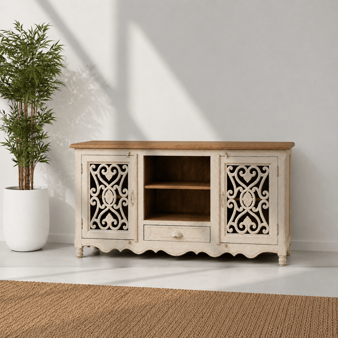 The Ivory Crest Entertainment Unit | White Rustic TV Cabinet UAE