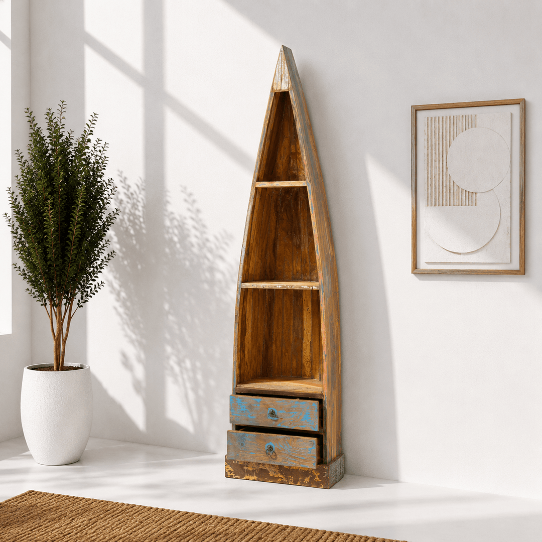 Vintage solid wood boat-shaped bookshelf with rustic finished