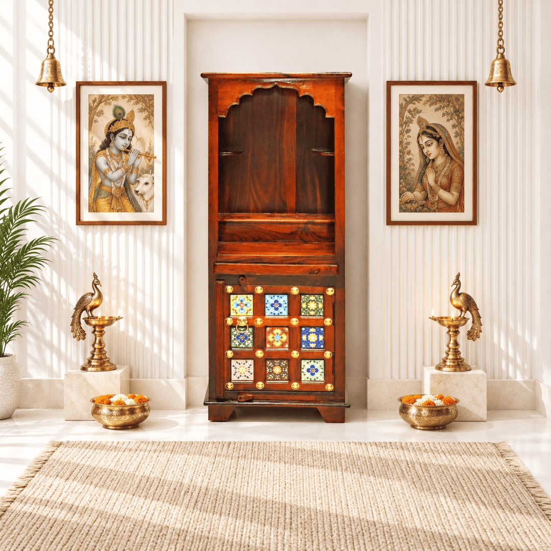 Contemporary Mango Wood Temple Cabinet with Tile-Inlay Doors