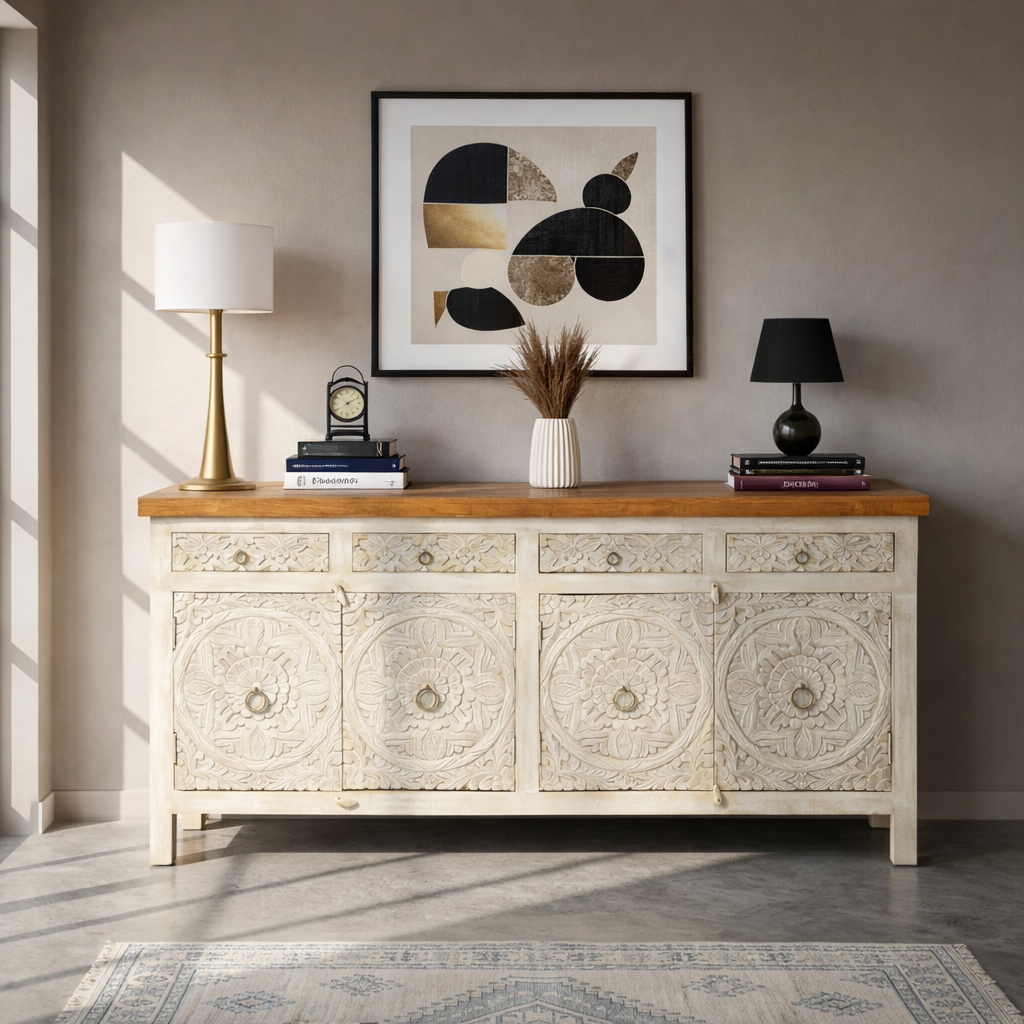 Handcrafted Wooden Sideboard For UAE, White Wooden Sideboard Saudi Arabia, Solid Wood Cabinet Fujairah,