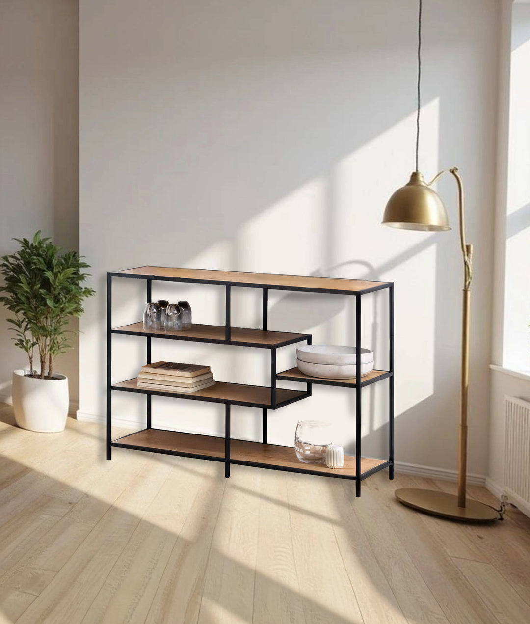 Industrial hardwood console table with open display shelves | Dubai