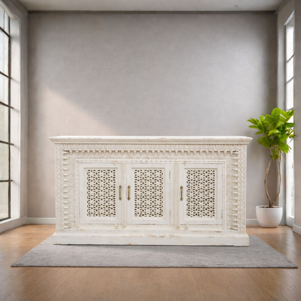  Lattice panel wooden credenza for dining room in DUBAI, Wooden credenza cabinet for hotels UAE, White wooden storage credenza for restaurant Oman