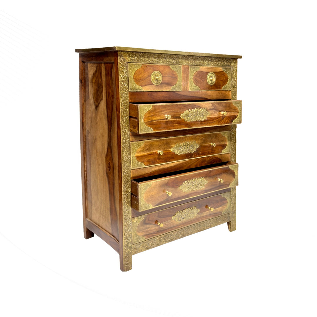 Handcrafted mango wood chest of drawers with brass embossing inlay work
