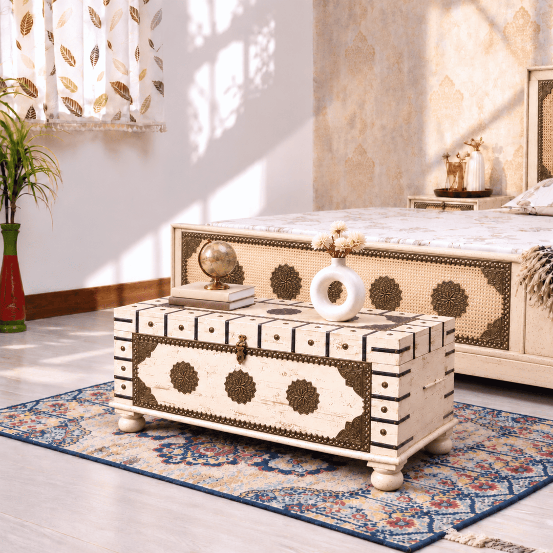 Indian Heritage Mango Wood Chest with White Rustic Finish