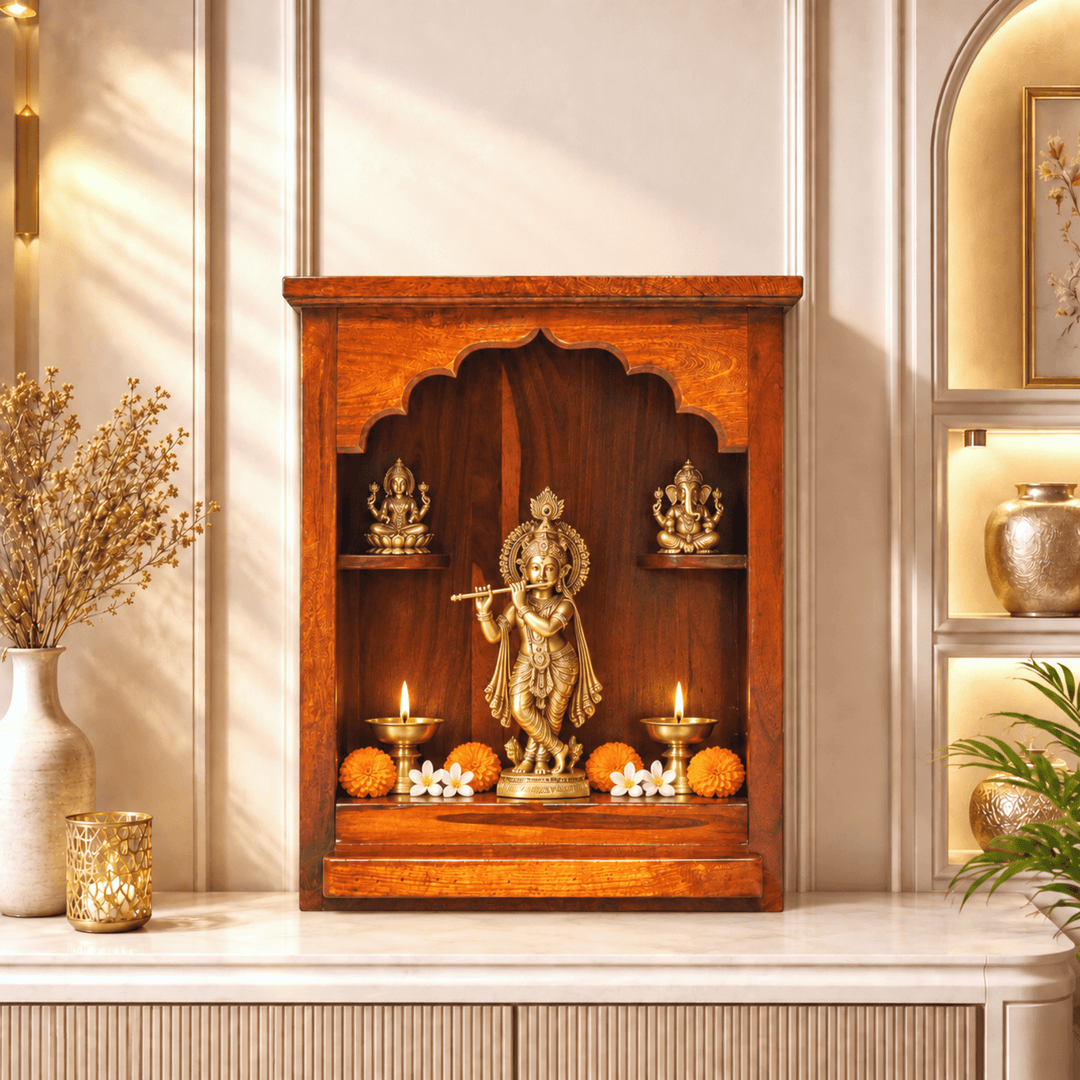 Organic Indian Wood Wall-Mounted Home Prayer Temple