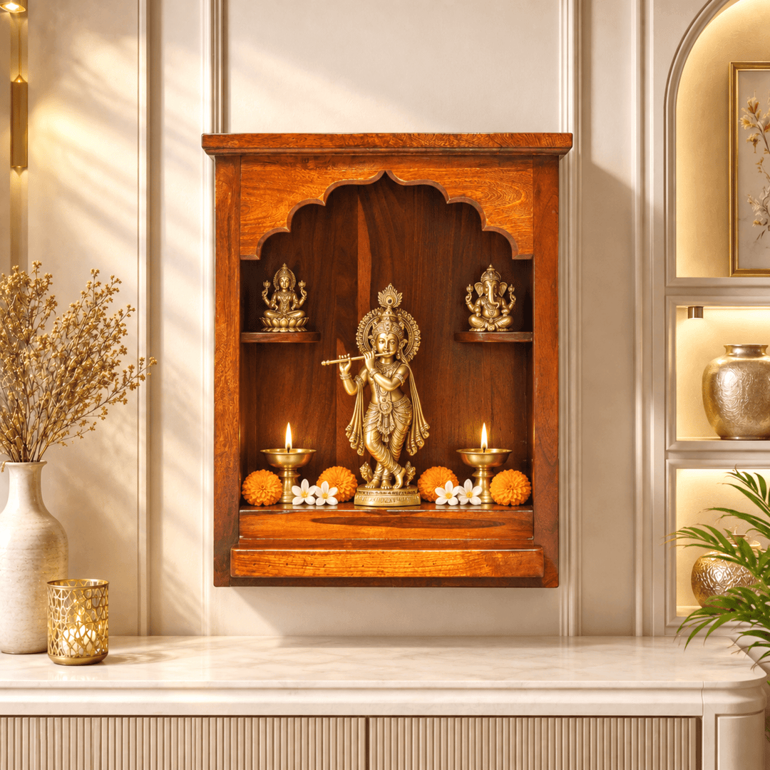 Organic Indian Wood Wall-Mounted Home Prayer Temple