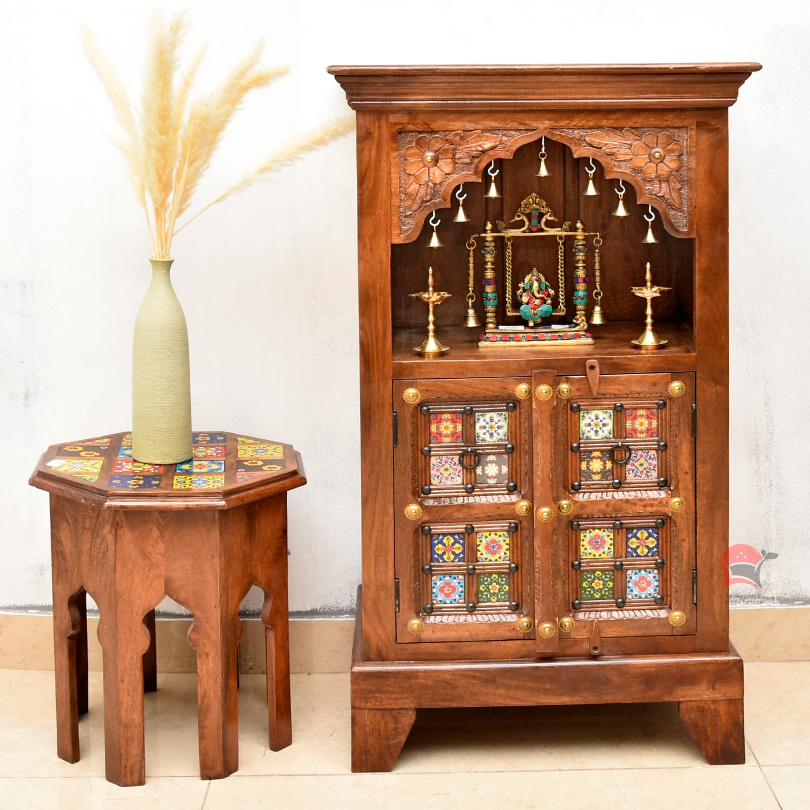 Wooden hand carving pooja temple with tiles work