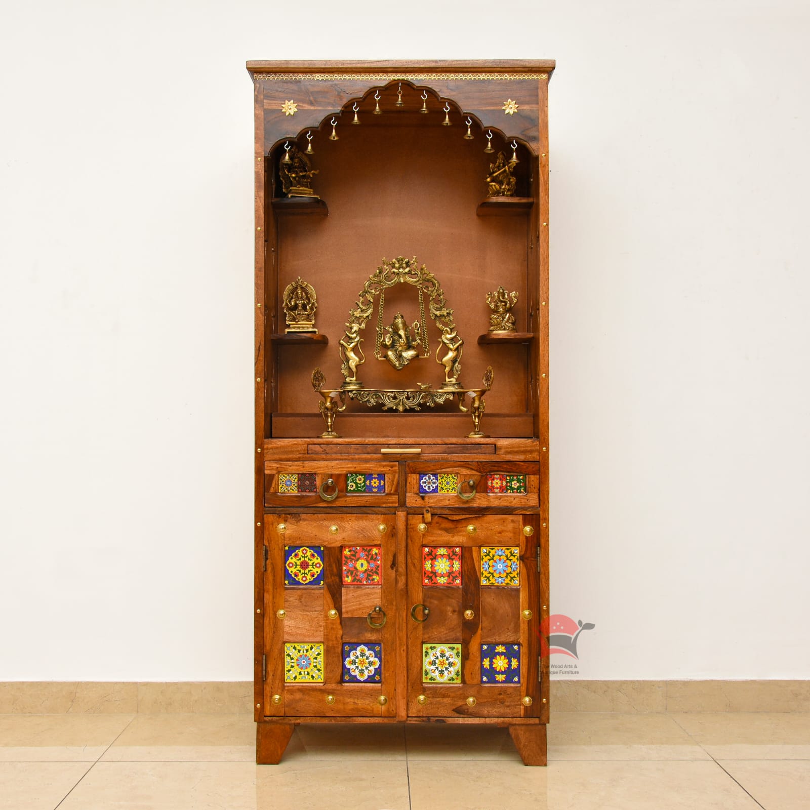 Wooden Pooja Mandir with tiles work