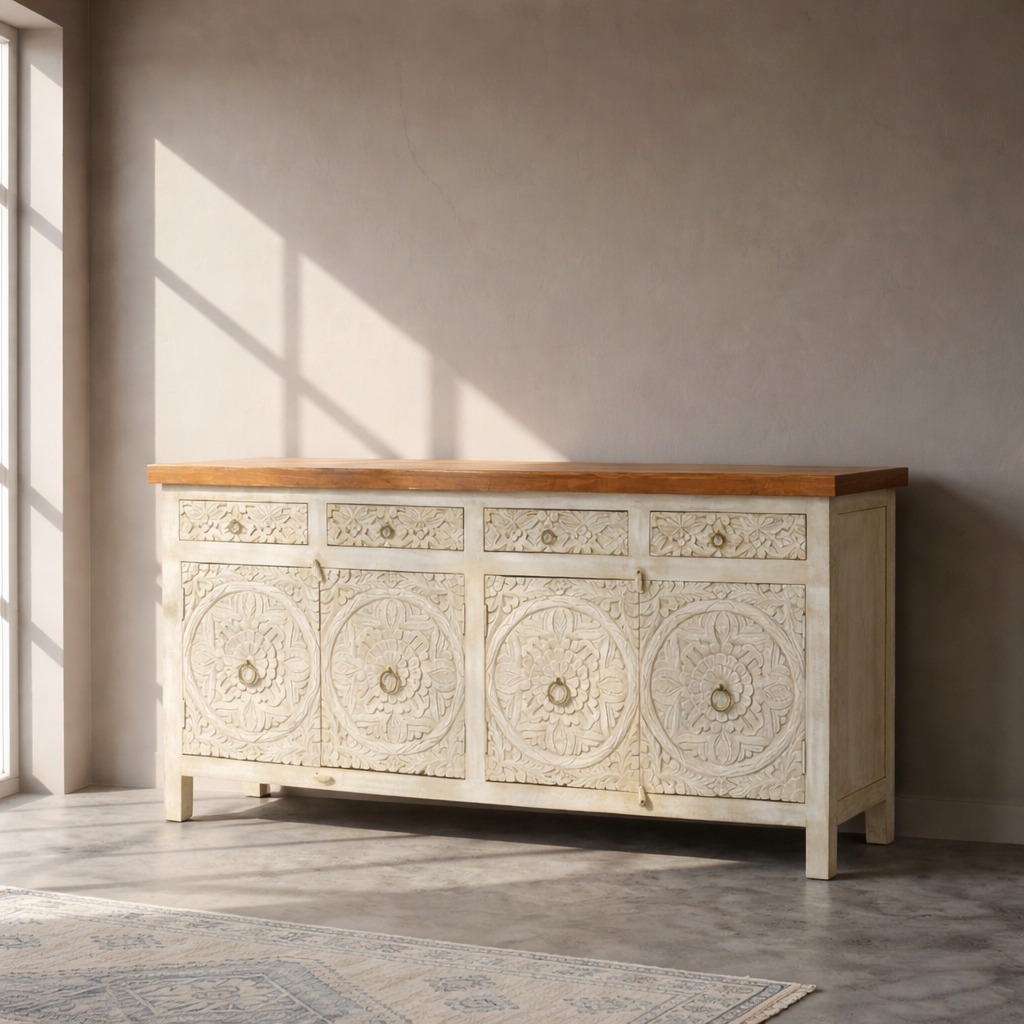 Hand Carved Pure Wooden Sideboard Dubai, Handcrafted White Wood Cabinet Sharjah, Premium Solid Wood Storage Sideboard Ajman ,