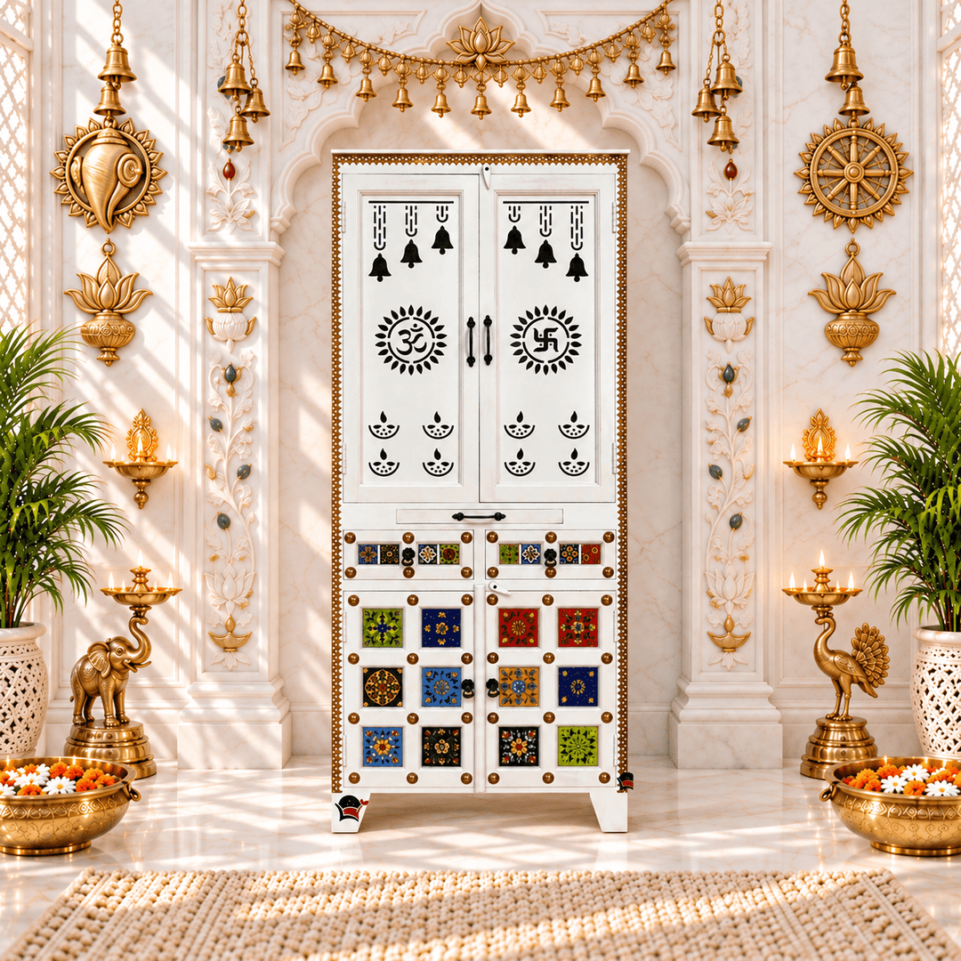 Pooja Temple with white color with tiles fitted