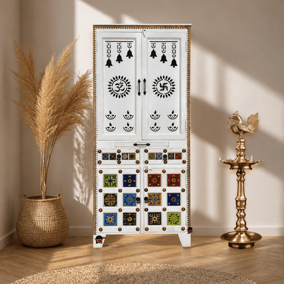 Pooja Temple with white color with tiles fitted