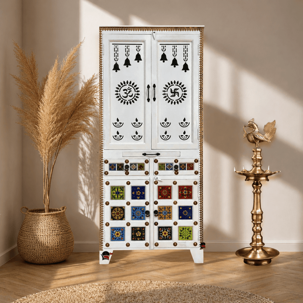 Pooja Temple with white color with tiles fitted