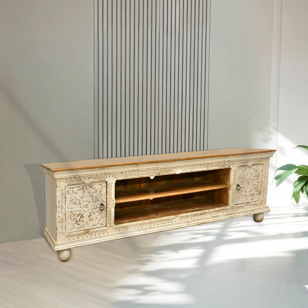 Low carved wooden TV console table with rustic white finish