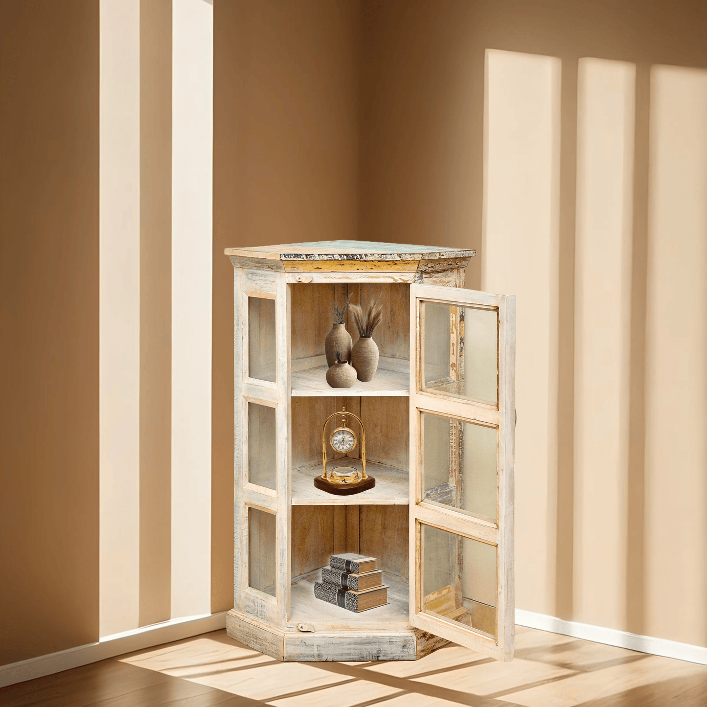 Distressed white corner cabinet UAE, Wooden glass corner cabinet Dubai, Small corner display cabinet Oman, Glass shelf triangle,