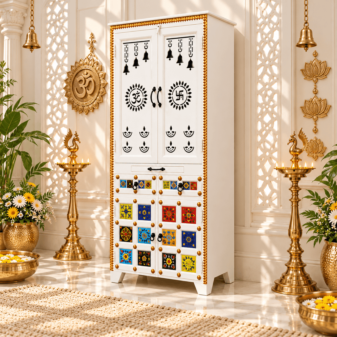 Pooja Temple with white color with tiles fitted