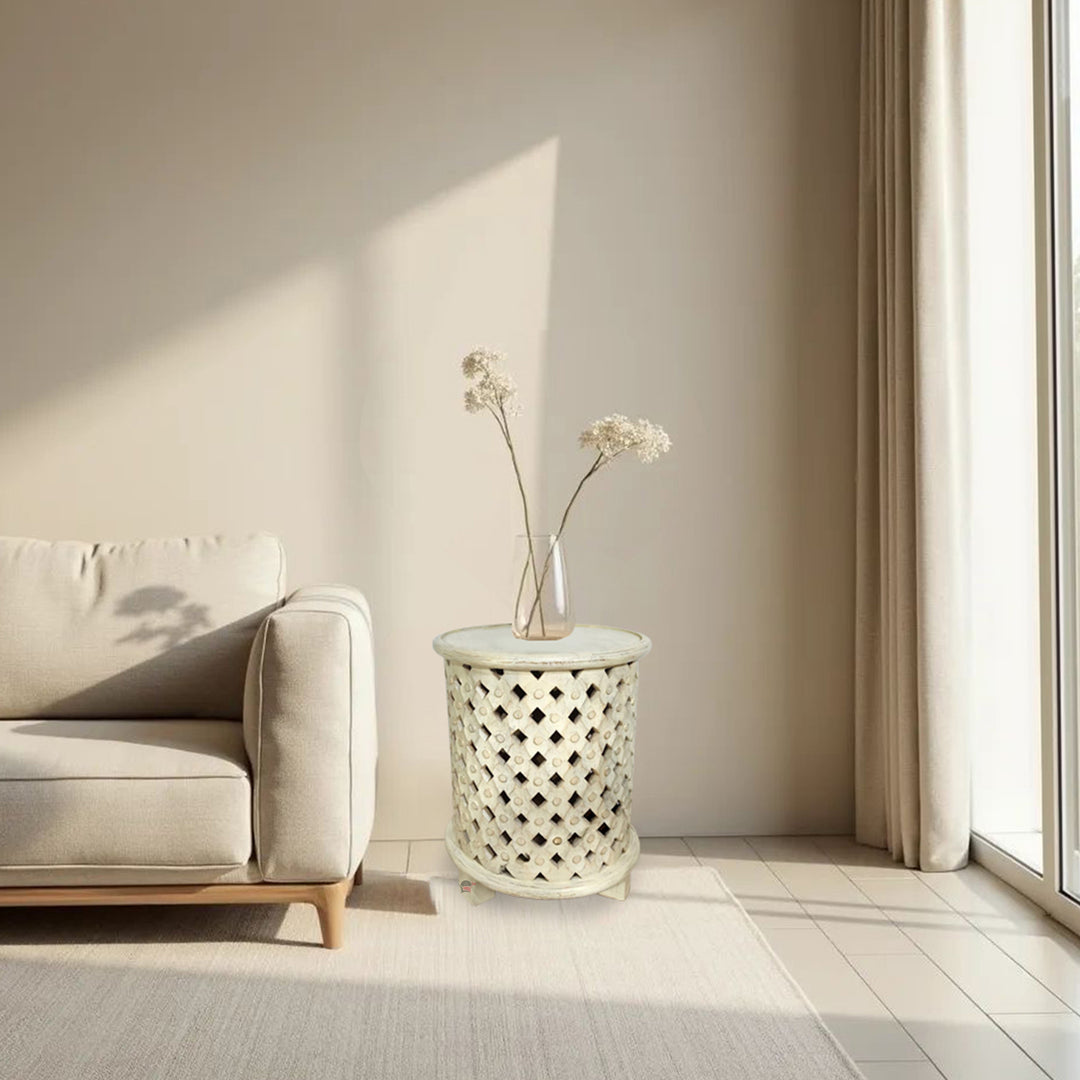 Carved Side Table White Finish – Handcrafted Accent Table