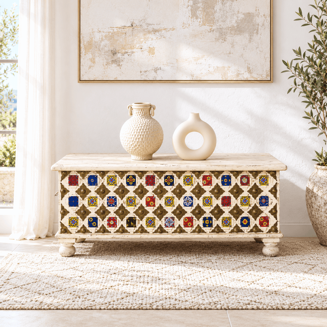 heritage mango wood trunk with handmade tile inlay and brass details
