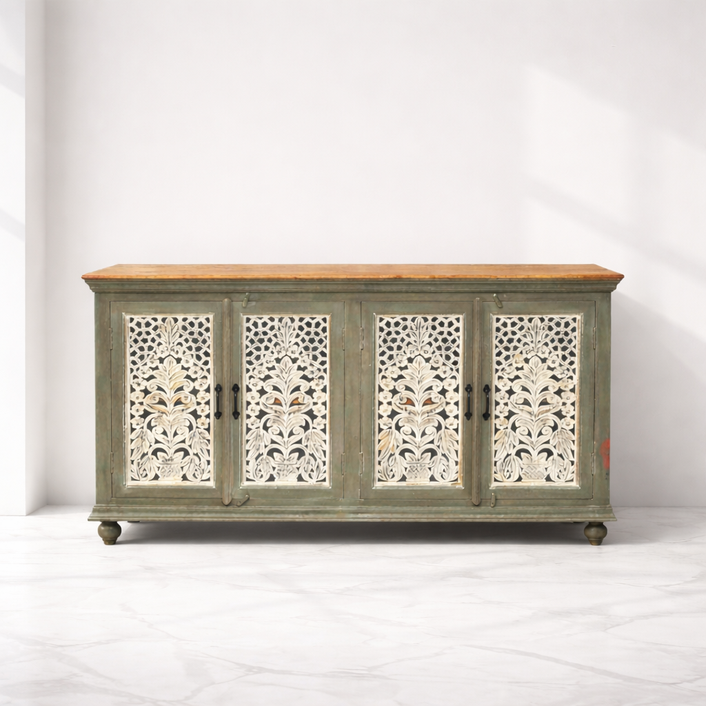 Dining Sideboard With Mirror Frame Dubai, Indian Handmade Mango Wood Sideboard Abu Dhabi, Antique Style  Solid Wood Buffet Table For Dining Room UAE, 