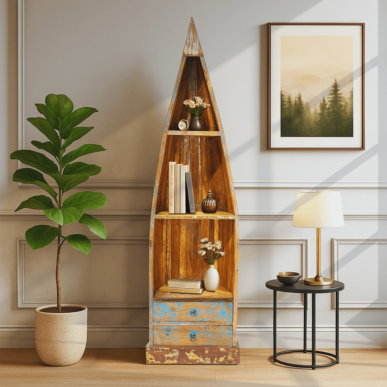 Vintage solid wood boat-shaped bookshelf with rustic finished