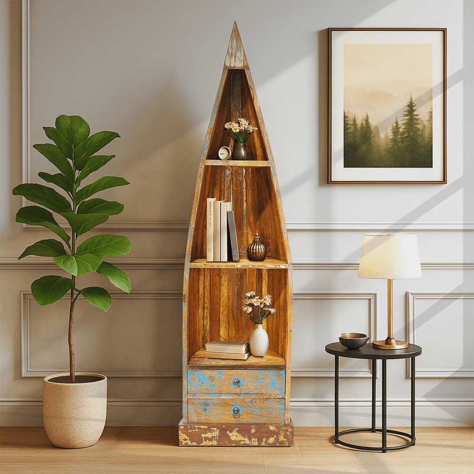Vintage solid wood boat-shaped bookshelf with rustic finished