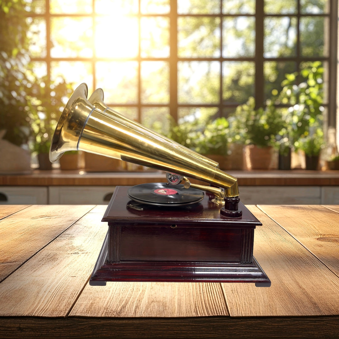 Vintage functional gramophone with 2 speaker with wood color finish