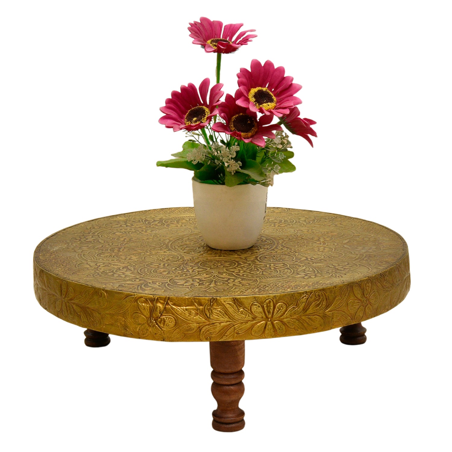Solid Wood Pooja Chowki with Brass Work