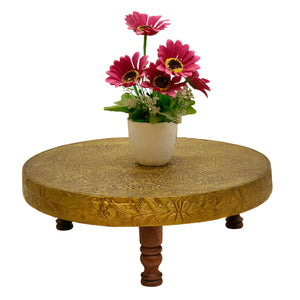 Solid Wood Pooja Chowki with Brass Work