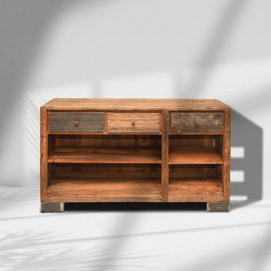 The Verona Reclaimed Wood Vintage Industrial console with open storage unit