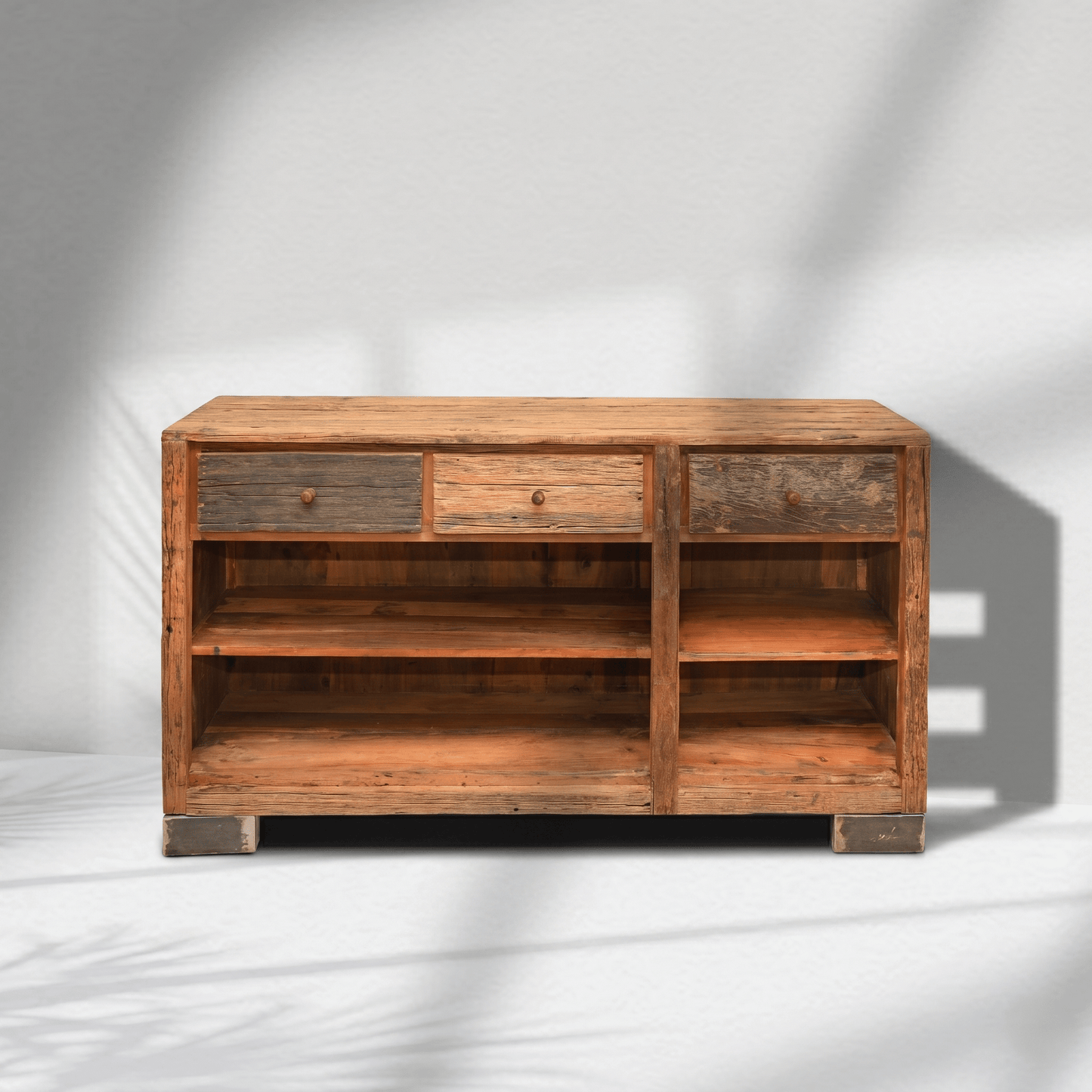Boho Rustic Entertainment Console Table, Natural Wood Media Stand with Shelves, Artisan Reclaimed Wood TV Cabinet, Handmade Rustic Console Storage Unit, Classic Farmhouse Wooden TV Stand, Railway wood furniture.Railway slep furniture,
