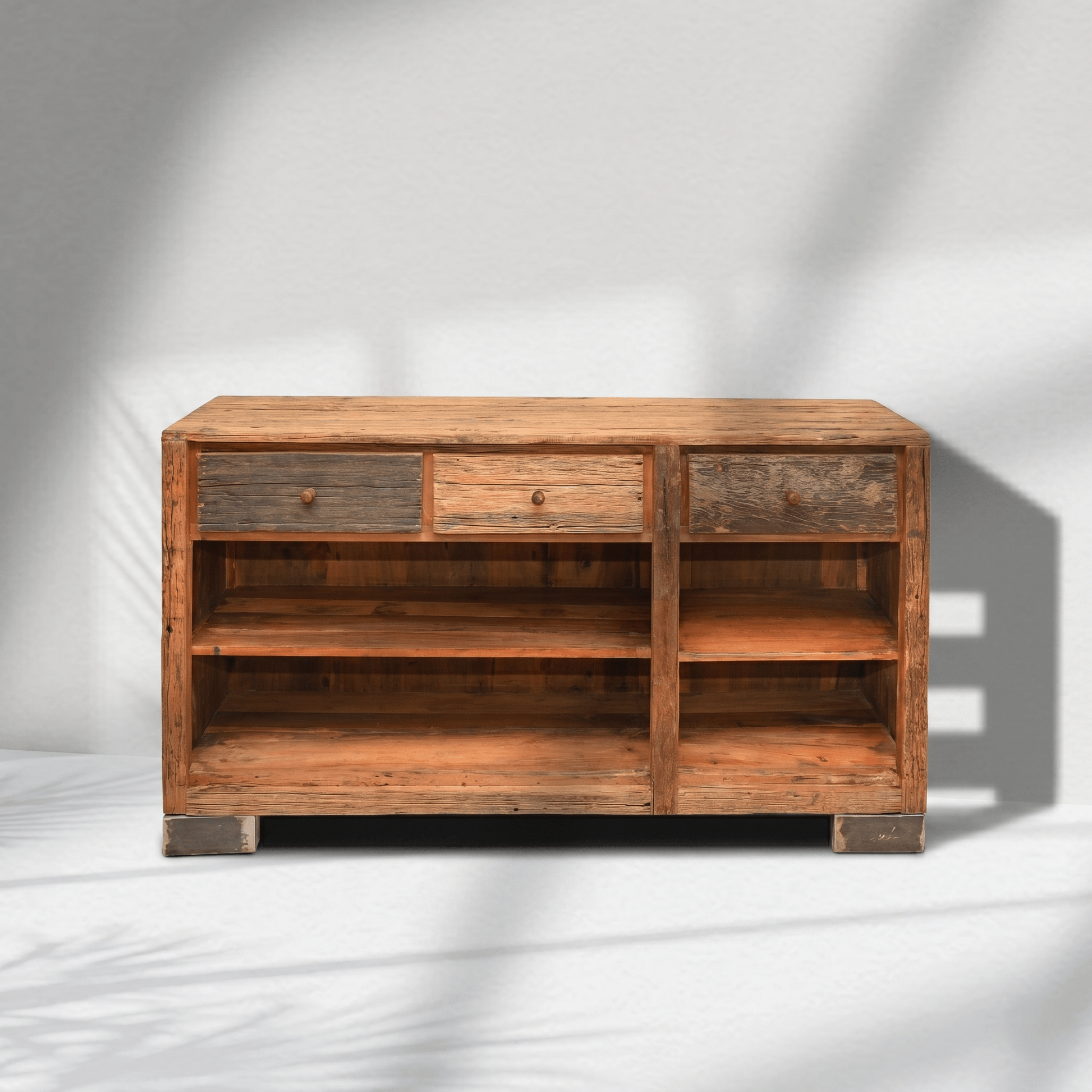 The Verona Reclaimed Wood Vintage Industrial console with open storage unit