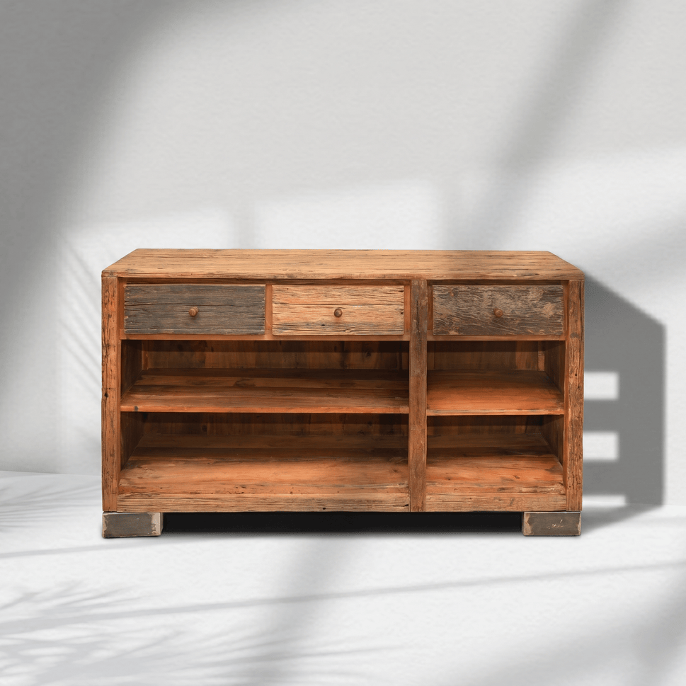 The Verona Reclaimed Wood Vintage Industrial console with open storage unit
