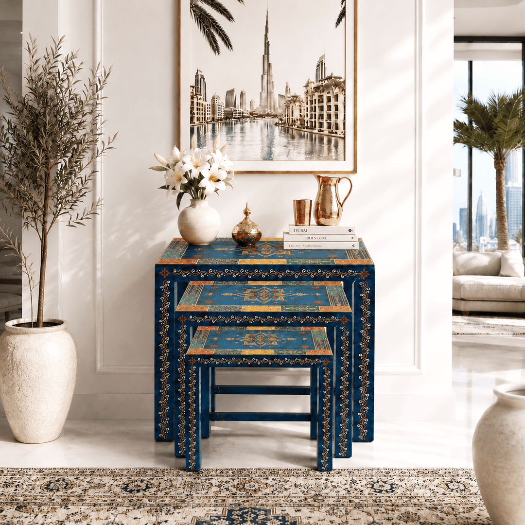 Multicolor blue handcrafted nesting tables set of 3 pieces