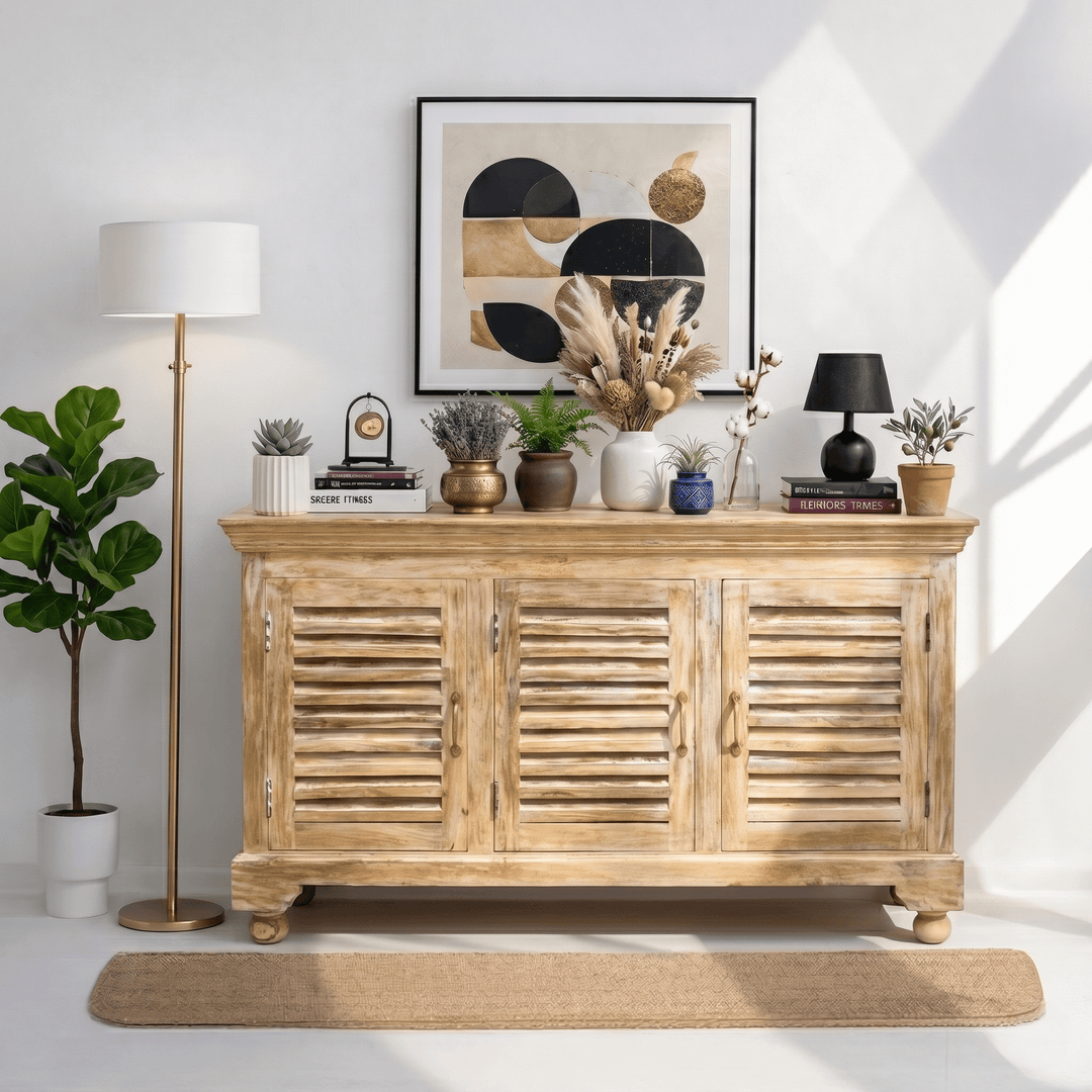 Farmhouse solid wood sideboard cabinet with louvered doors - rustic buffet console