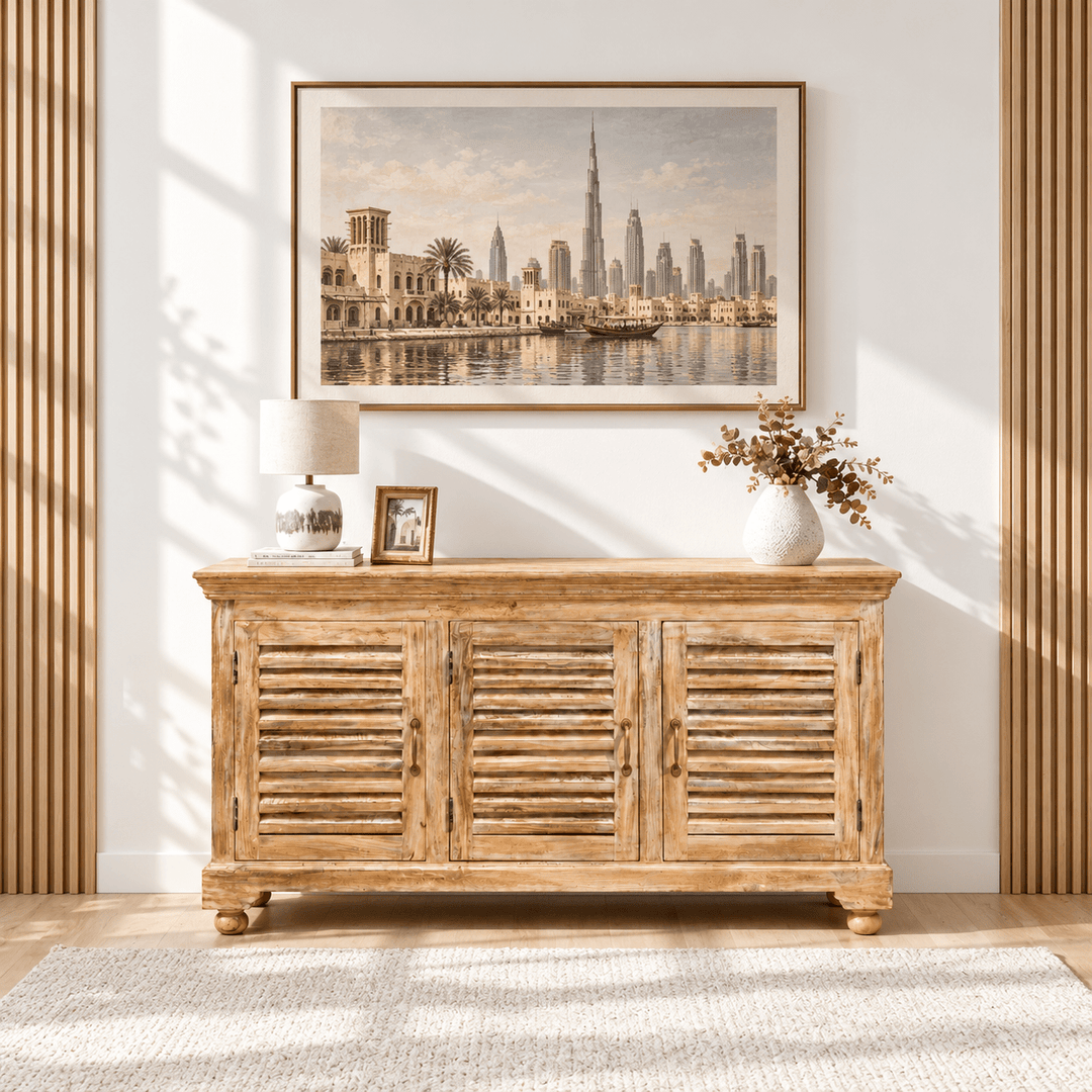 Farmhouse solid wood sideboard cabinet with louvered doors - rustic buffet console