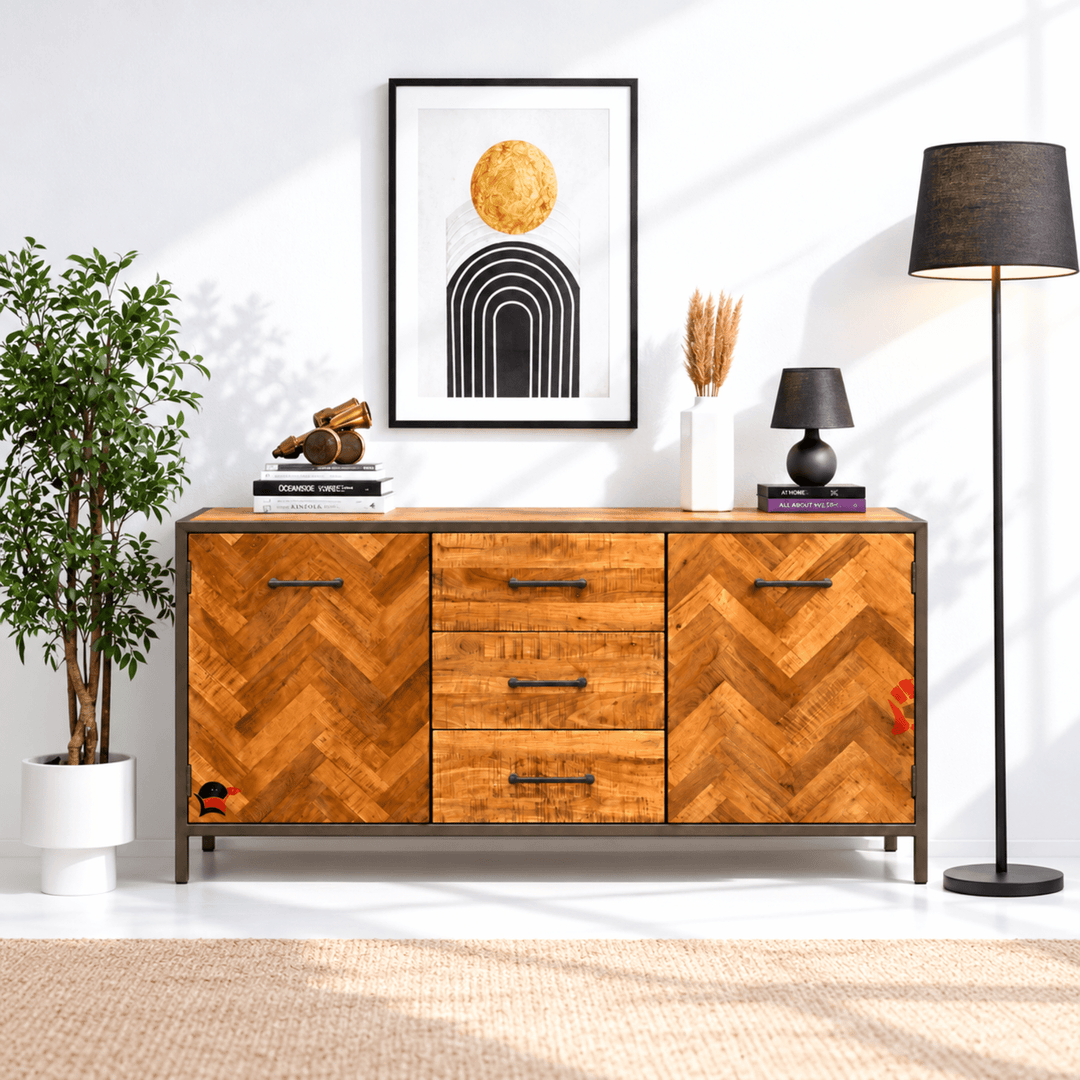Herringbone Pattern solid Wood Sideboard Dubai