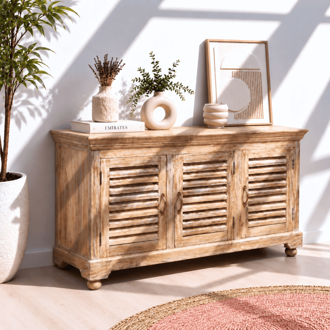 Farmhouse solid wood sideboard cabinet with louvered doors - rustic buffet console