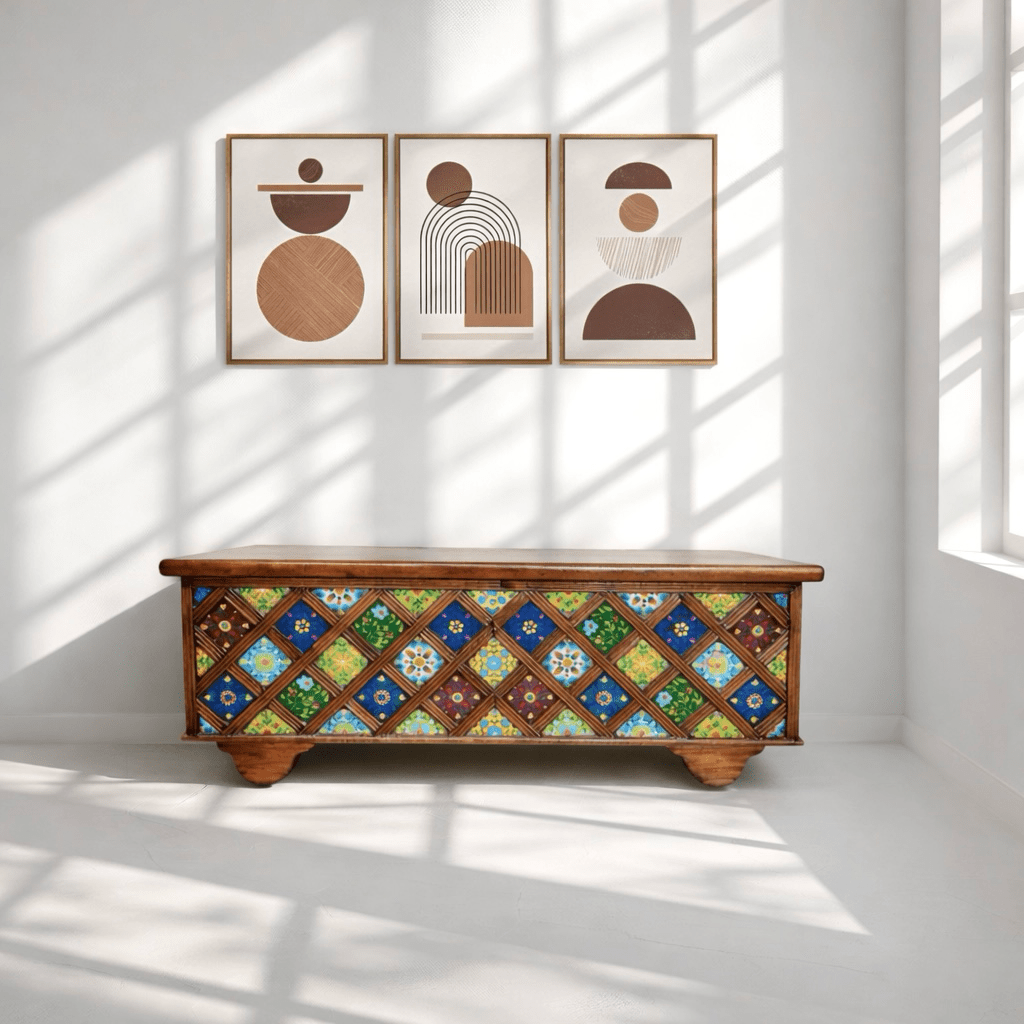 Wooden trunk with storage box with tiles work